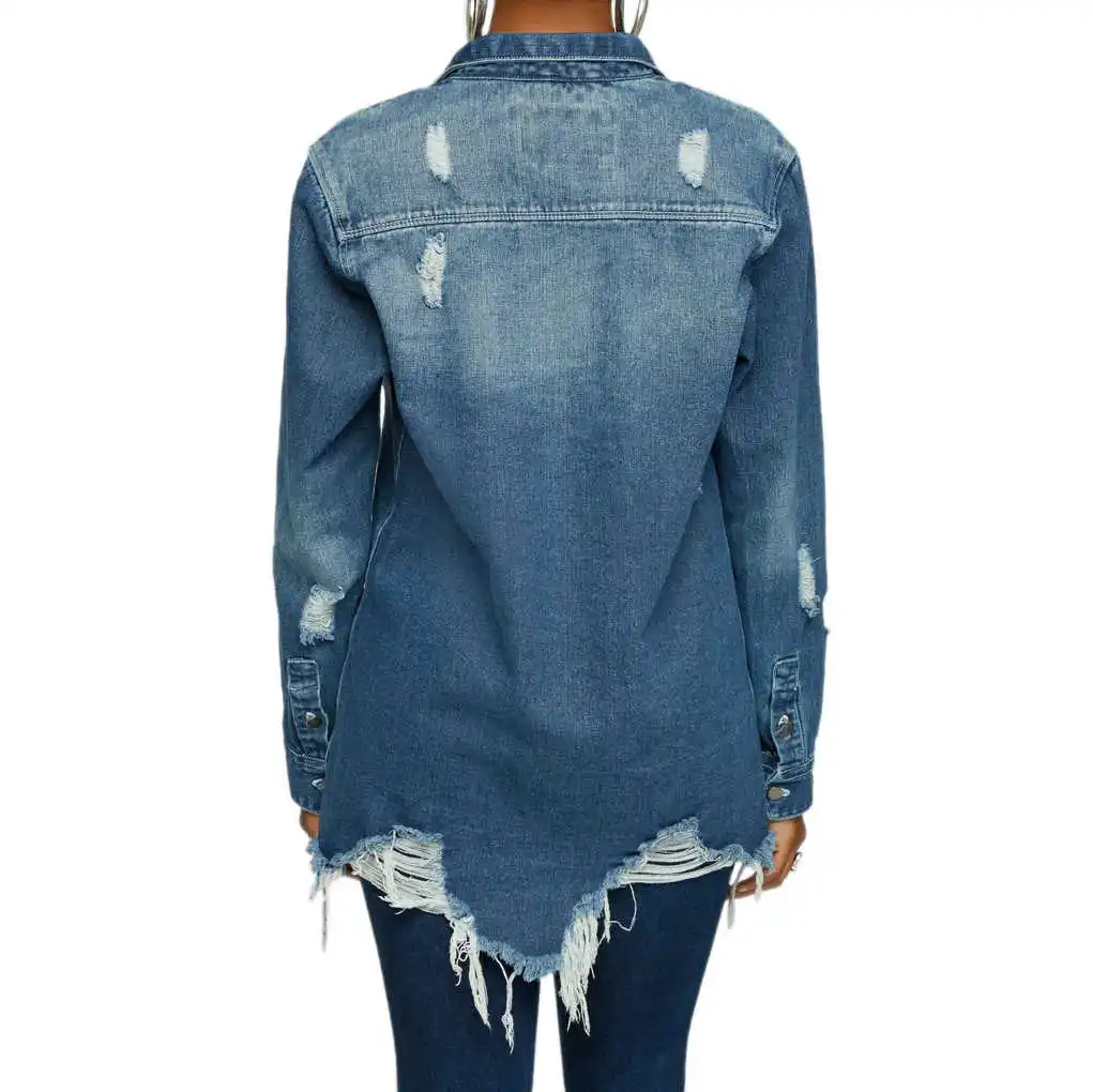 

Plus Size Women Jeans Shirts Vintage Holes Ripped Long Sleeve Irregular Denim Tops Casual Lady Turn down Collar Shirts S-3XL