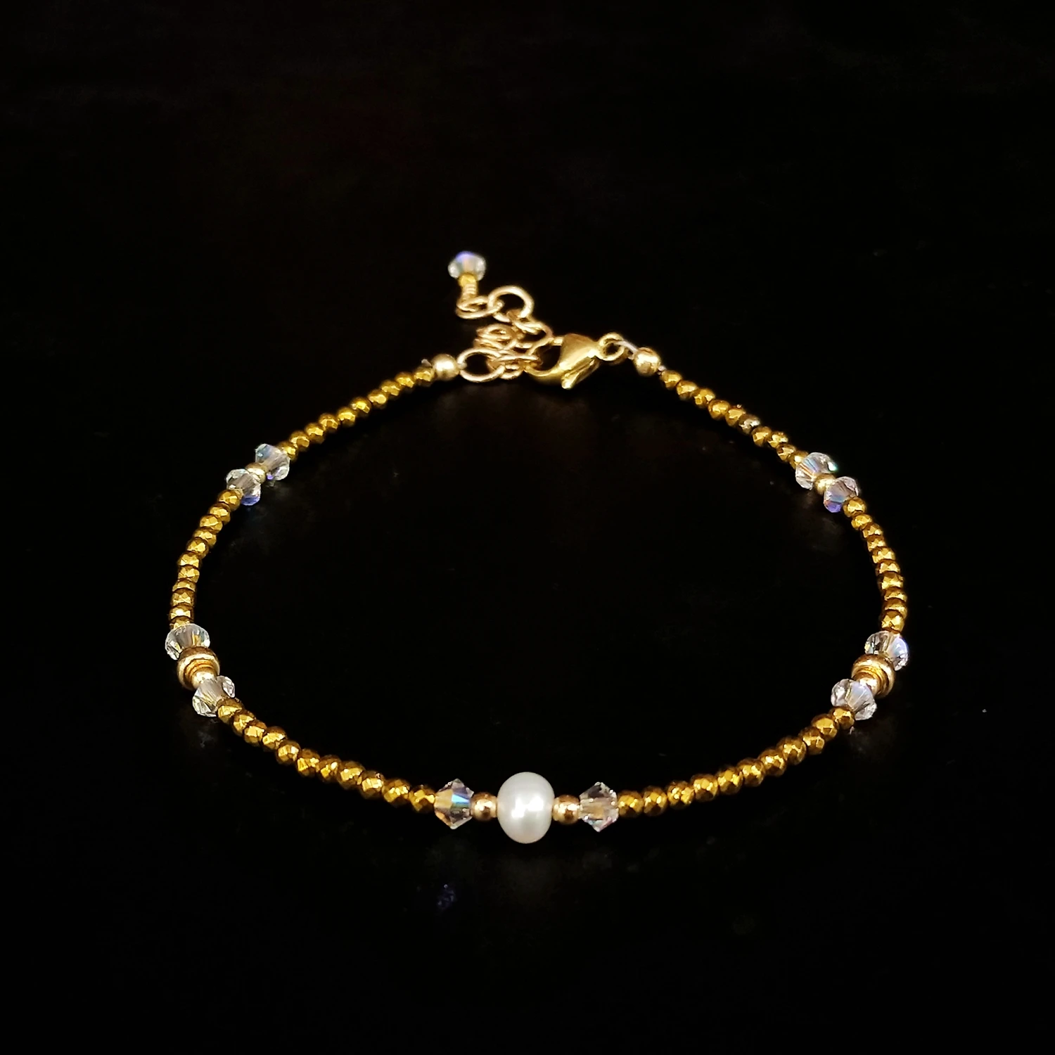 

Lii Ji Gold Hematite Pearl Austrian Crystal 14K Gold Filled Bracelet 17+3cm Natural 2mm Stone Handmade Jewelry For Women Gift
