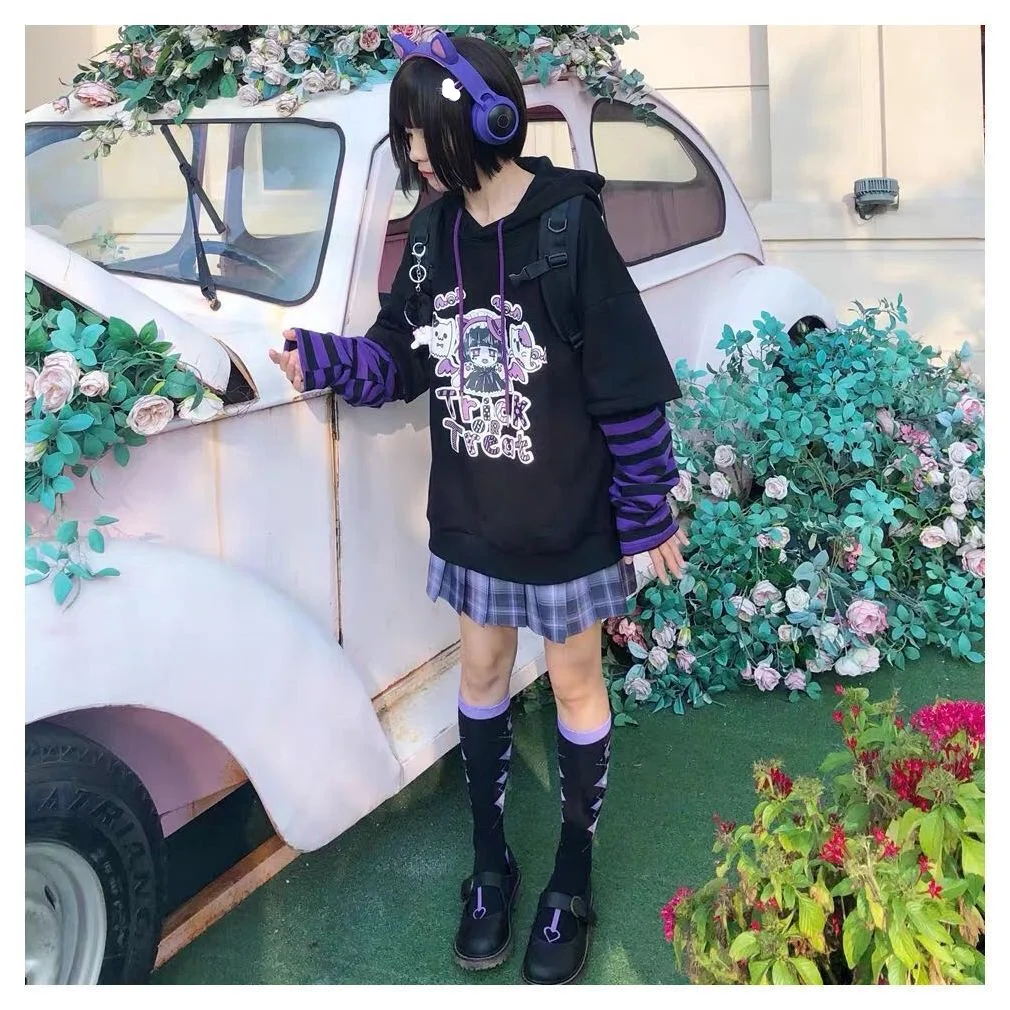 

Hot Girl Kawaii Hoodies Women Tracksuit Black Hoodie with Anime Long Sleeve Korean Style Sweatshirt Oversized Gothic Kpop Gothic