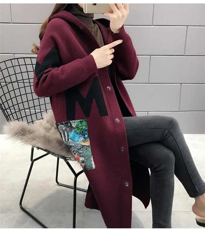Женская куртка осень зима длинный кардиган Новая мода письмо жаккард Досуг с капюшоном свитер пальто Свободный вязаный блуза f1708