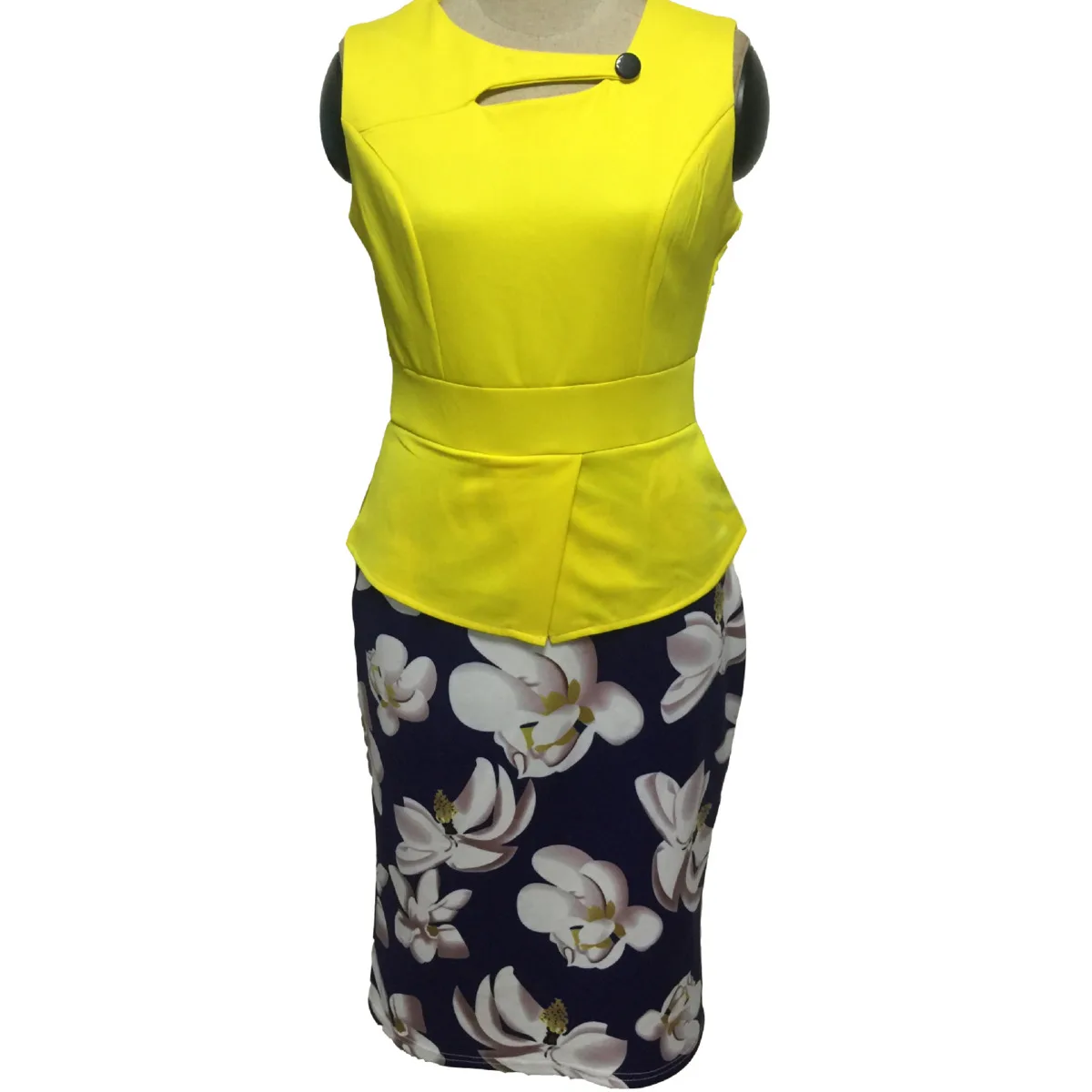 

Patchwork One Piece Bodycon Pencil Dress Women Yellow / Red Print O Neck Sleeveless Casual Floral Elegant Office Lady Dresses
