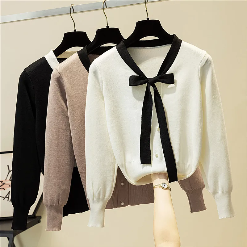 

LJSXLS White Button Women Clothes Bow V Neck Knitted Sweater Female 2021 Autumn Fashion Pullovers Womens Long Sleeve Pull Femme