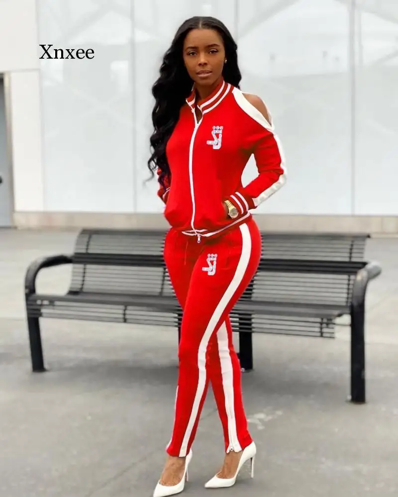 

Spring Autumn Sport Zippers V-Neck Striped Comfortable Sexy Set Full Sleeve 2 Piece Sets Night Club Young Lady Sport Sets