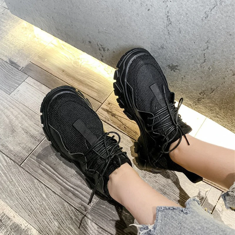 

Khaki Women Sock Shoes 2021 Spring Chunky Sneakers Black White Summer Casual Breath Platform Shoes Woman Cozy Walking Trainers