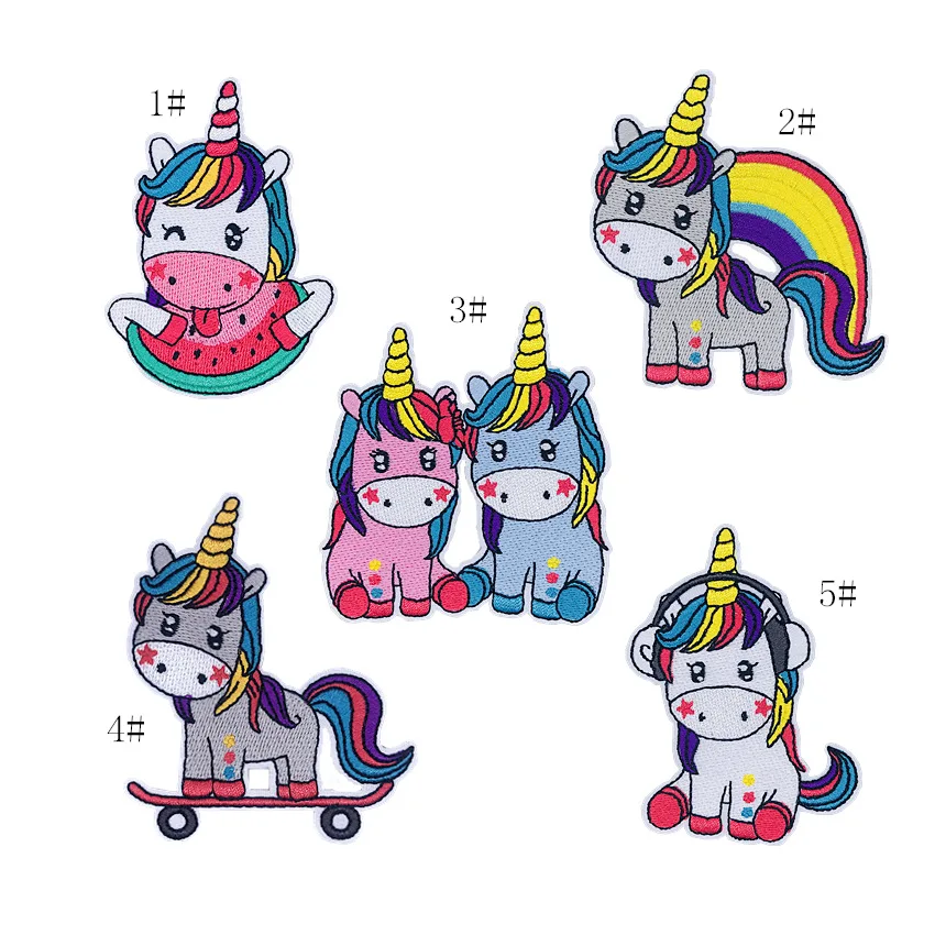 

5pcs Rainbow Horse Unicorn Skateboard Embroidered Cloth Sticker Cartoon Pink White Pony Back Glue Kids Clothes Iron Sew on Patch