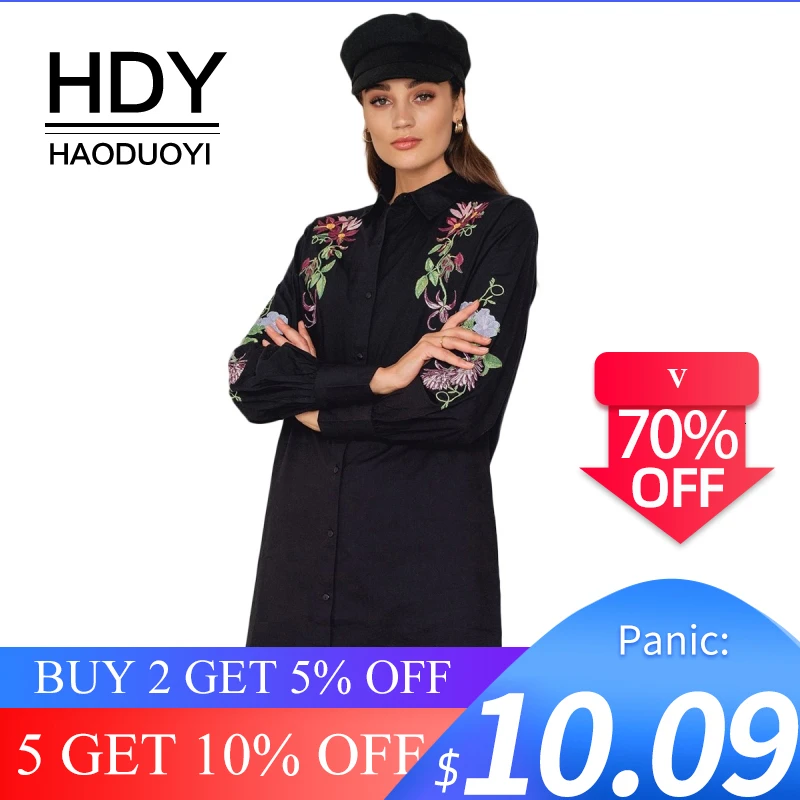 Женское платье-рубашка HDY Haoduoyi черное Повседневное платье с цветочным принтом и
