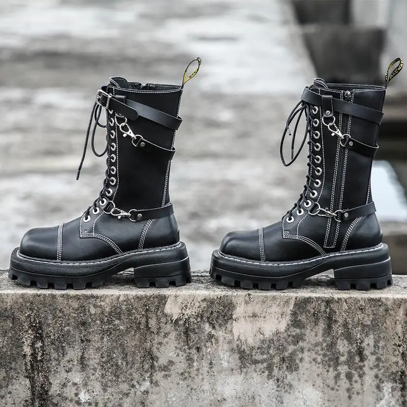 Lisapie New Sexy Lacing Women High Quality Leather Autumn Boots Block Heel Gothic Black Punk Style Platform Shoe Female Footwear | Обувь
