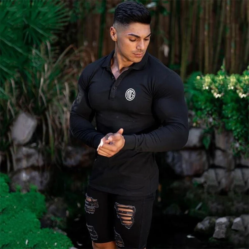 Бренд бег с длинным рукавом Фитнес рубашка поло для мужчин camisa masculino спортивные