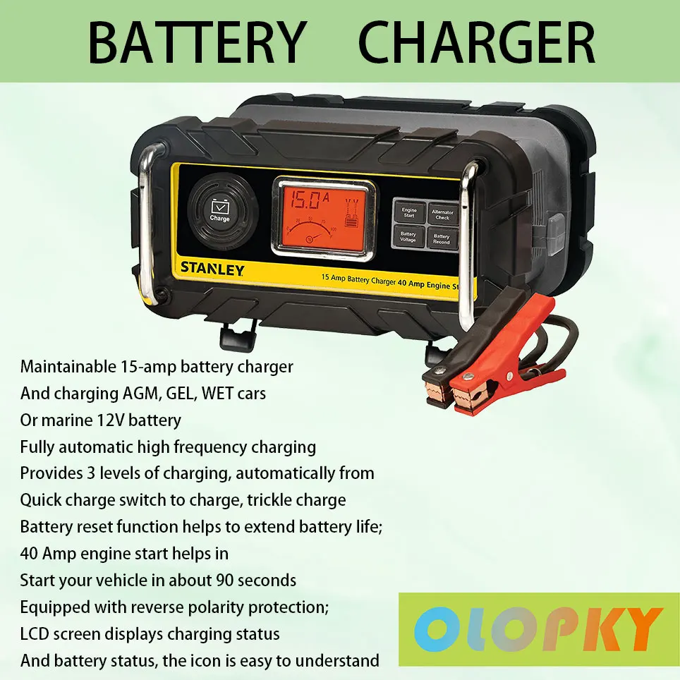 

Fully automatic 15 amp 12V bench seat battery charger/maintainer with 40A engine start, alternator inspection, cable clamp