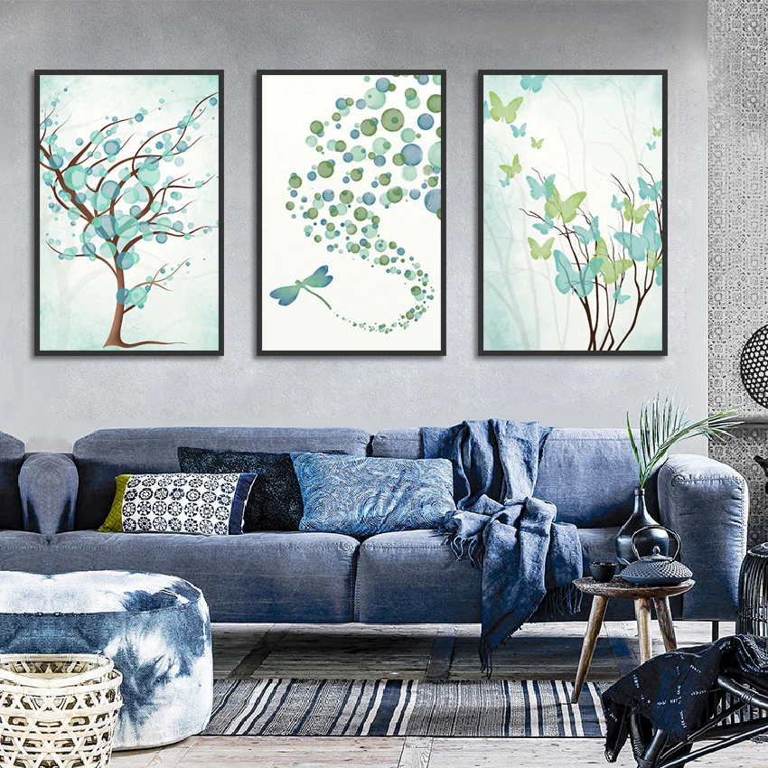 

Canvas Painting Green Blue Tree Butterfly Dragonfly Bubble Watercolor Home Decor Poster For Living Room Bedroom Print Picture