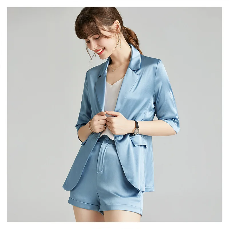Silk Satin Suit Suit Suit Jacket Straight Wide Leg Shorts Two-Piece Thin 2020 Fashion New Style