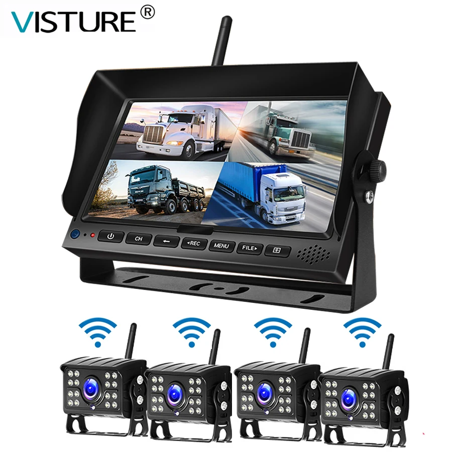 저렴한 7 인치 AHD 모니터 DVR 4 무선 카메라 백 주차 센서 백업 대시 레코더 리버스 360 캠 자동차 트럭 후면보기 D012