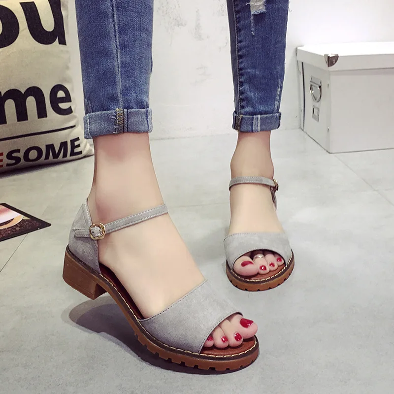 

Summer fashion fish mouth women sandals pu suede retro high heels square heel women buckle shoes outdoor non-slip all-match shoe