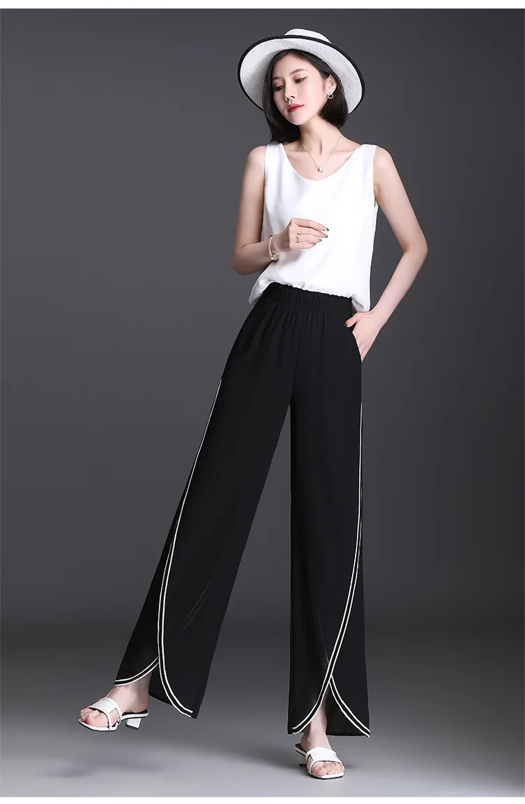 

Fashion Slit Chiffon Wide Leg Pants Women 2021 Summer Korean Elastic High Waist Loose Elegant Casual Trouser Plus Size 4XL 2117