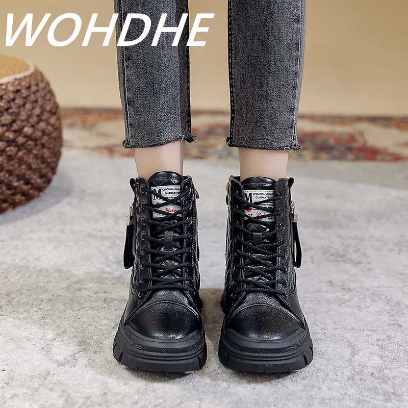 

WOHDHE Martin Boots Ankle Boots Platform Sneakers Cross-tied Round Toe Med Square Heel Women PU Leather Concise Zipper Non-slip