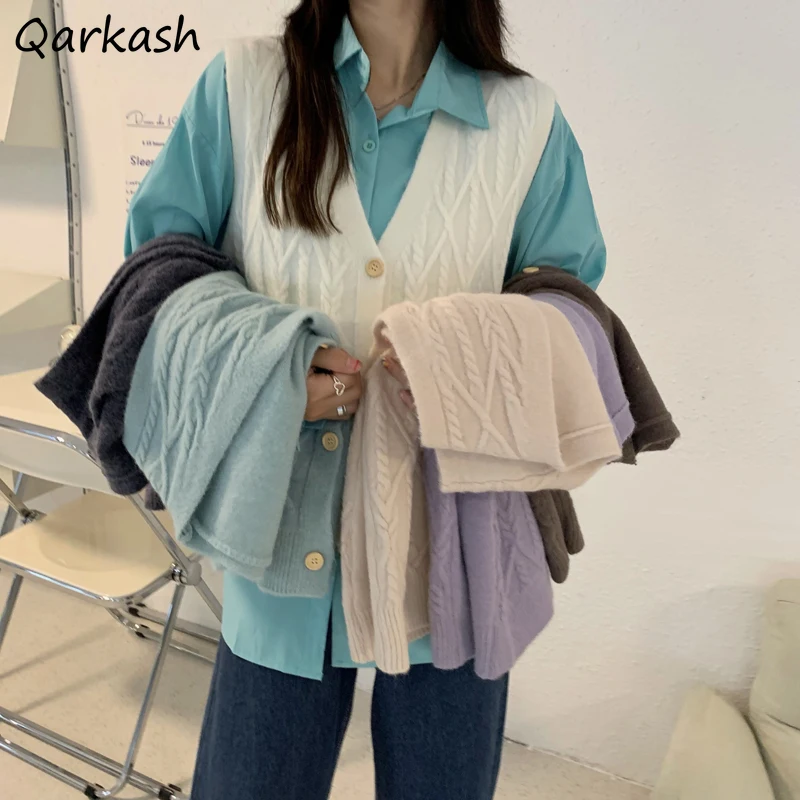 

Sweater Vests Women Autumn V-neck Solid Simple Buttons Cozy Japanese Style Tender Classy Design All-match Casual Newest Female