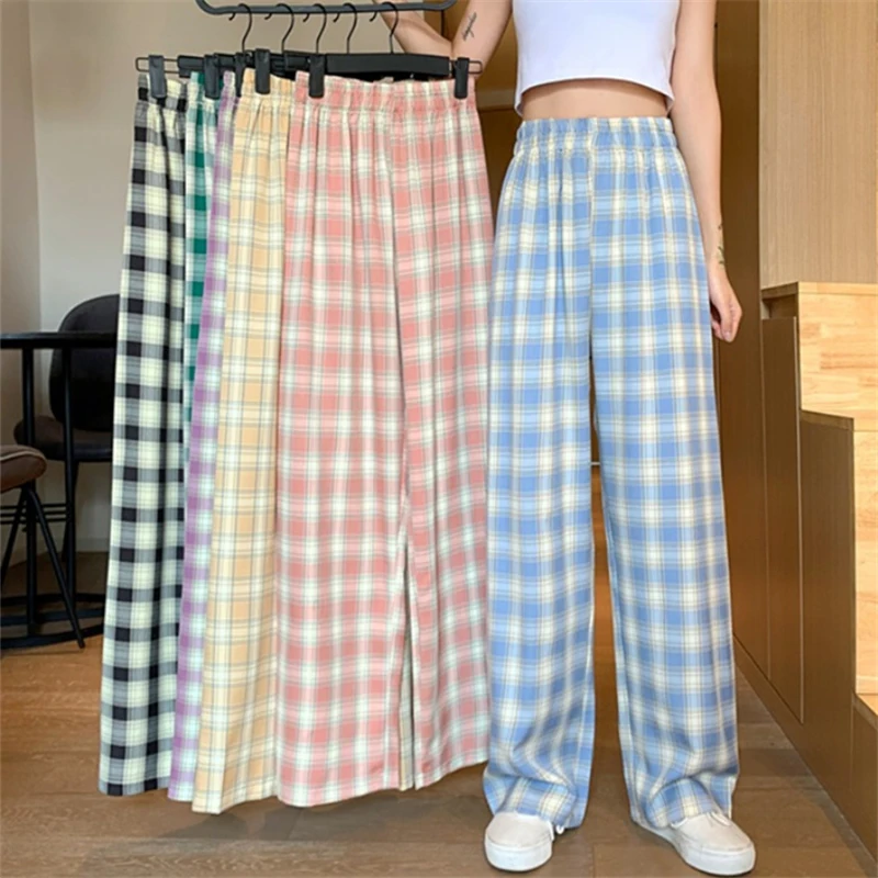 

Шикарные свободные брюки в гонконгском стиле большого размера в клетку, женские весенне-осенние свободные прямые повседневные драпировки ...