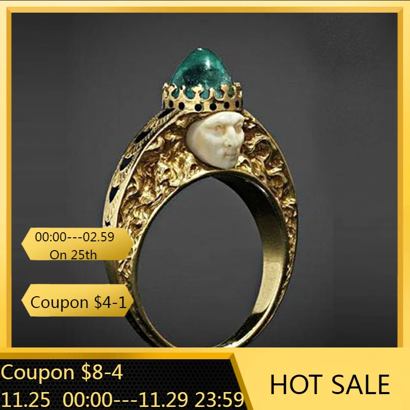 

Vintage Fashion Royal King Image Noble Luxury Gold Rings for Women Carved Crown Green Color Crystal Beautiful Design Ring