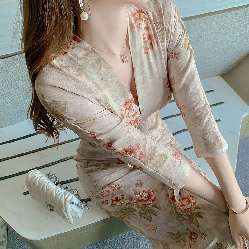 

2020 New Long Sleeve V-neck Sheath Women's Midi Printed Flower Chiffon Dress Casual Elegant Korean Style Autumn Winter Vestido