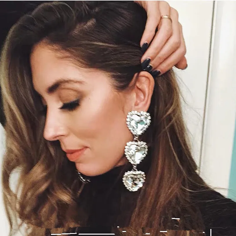 

Popular Crystal Heart Charms Big Clip Dangle Earrings For Women Fashion Jewelry Maxi Girls' Collection Earrings No Hole Earrings