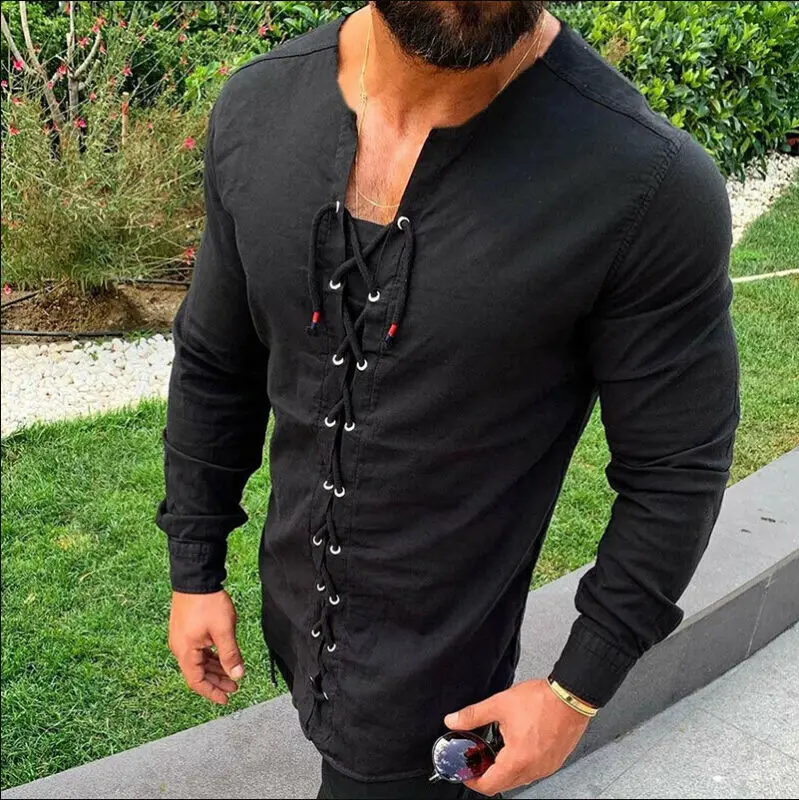 Рубашка мужская с длинным рукавом модная блузка из хлопка и льна приталенная