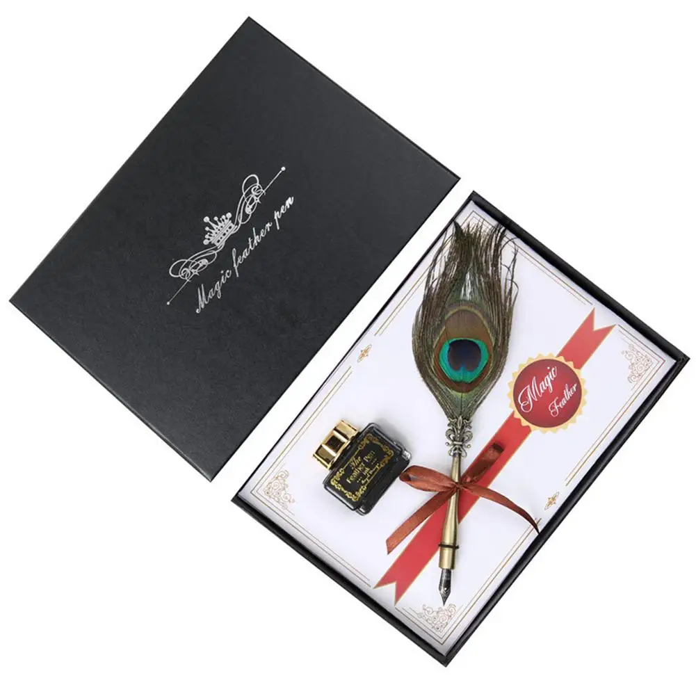 Handmade Quill Feather Pen Set Antique Calligraphy Writing Quill Pen peacock hair stainless steel nib pen holder r25