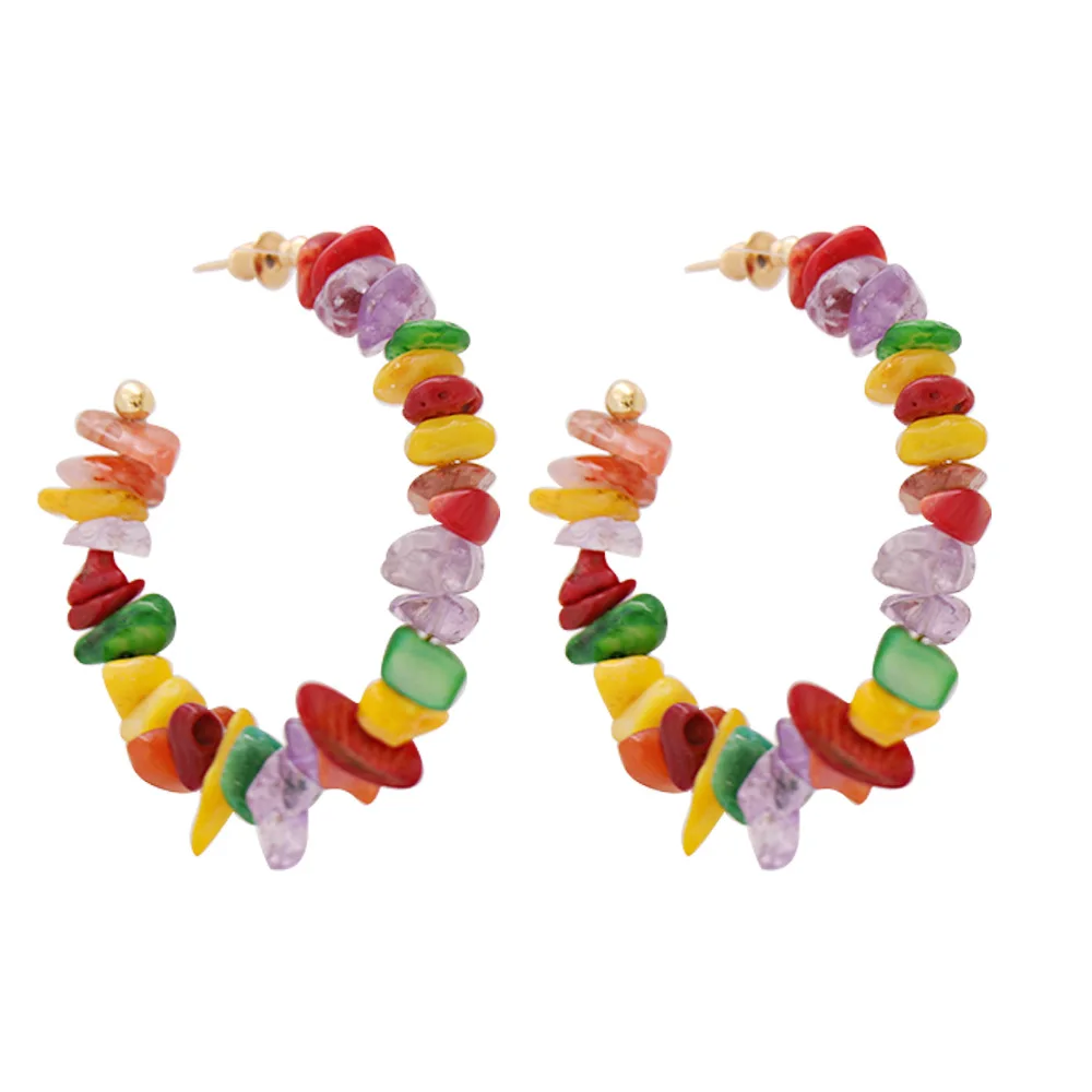 

New Colorful Gemstones C-shaped Large Geometric Hook Earrings Bohemian ZA Handmade Jewelry Korean Jewelry for Women