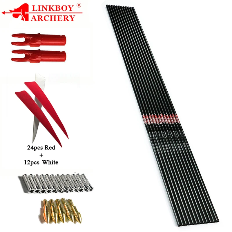 

Linkboy Archery, 12 комплектов, карбоновая стрела, вал ID6.2 SP300-800 5 '', перья индейки, целевая точка, вставка, шаг для карбоновых стрел, охота