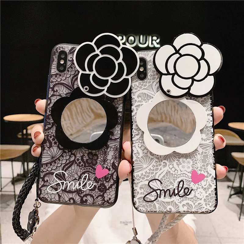 Lace Flower Makeup Mirror Phone Case For Samsung Galaxy S8 S9 S10 Lite S7 S6 Edge Plus C5 C7 C9 Note 8 9 With Lanyard Back Cover