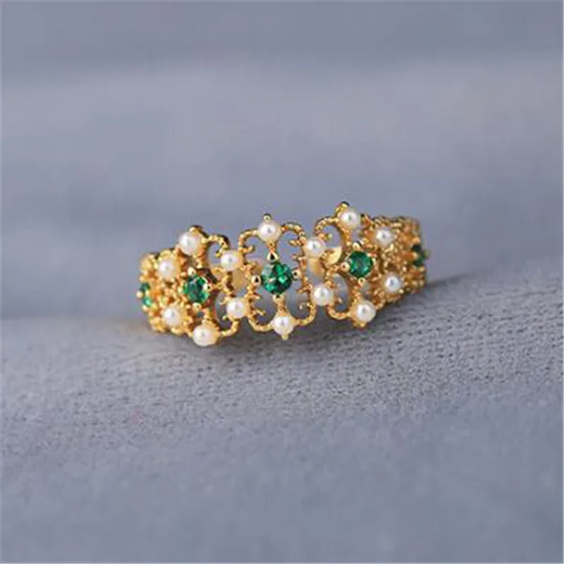 

Vintage New Green Zircon Pearl Gold Rings for Woman Bride Wedding Luxury Fashion Knuckle Ring Female Jewelry Anniversary Gifts