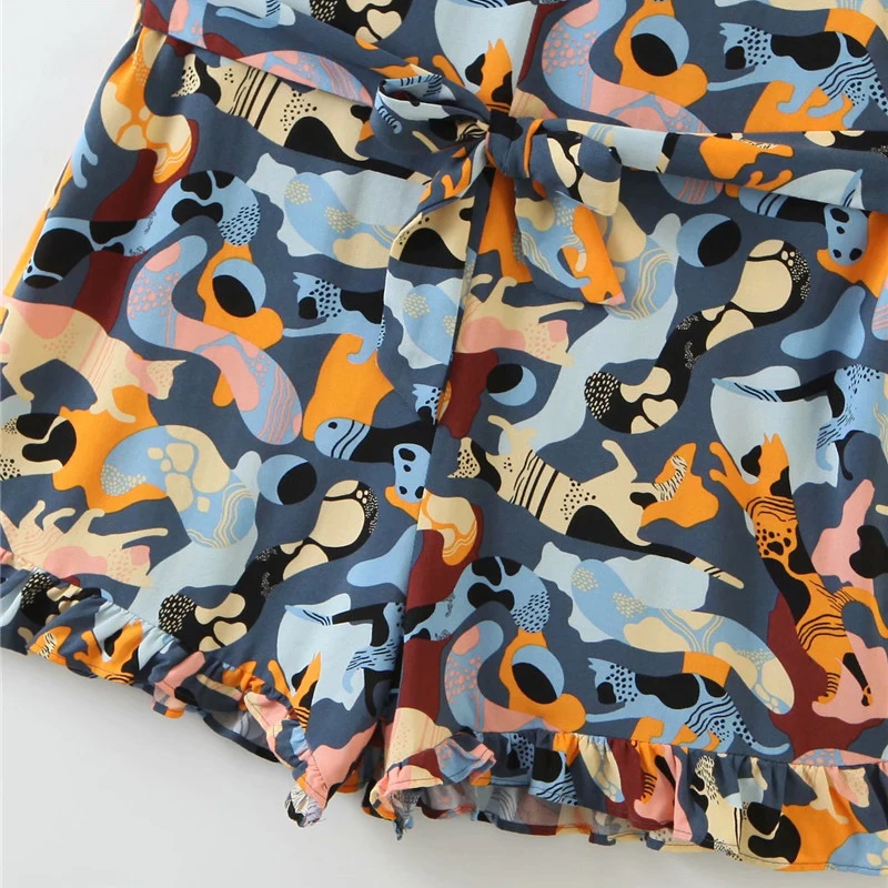 

Fashion Beach Style Floral Print Summer Sleeveless Playsuits With Belt Women Stylish Cat Print Short Jumpsuits Femme