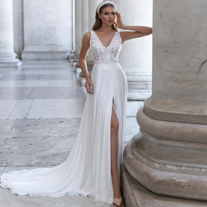 Jiayigong сексуальное шифоновое свадебное платье размера плюс с v-образным вырезом, без рукавов, кружевной аппликацией, на молнии, Пляжное свадебное платье