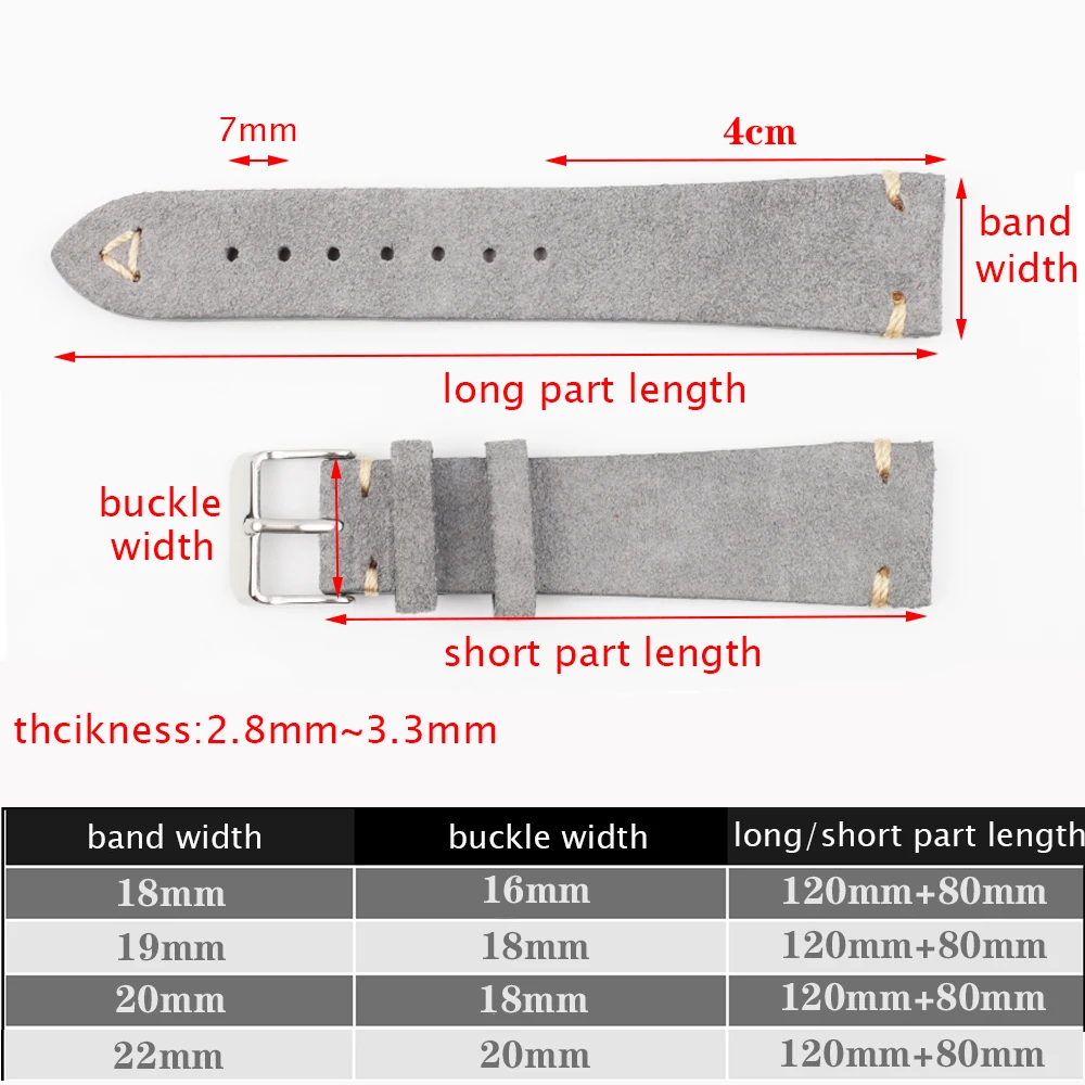 Suede Leather Watch Strap 18mm 19mm 20mm 21mm 22mm Grey Vintage Watch Band Replacement Wristband Handmade Stitching Watchband