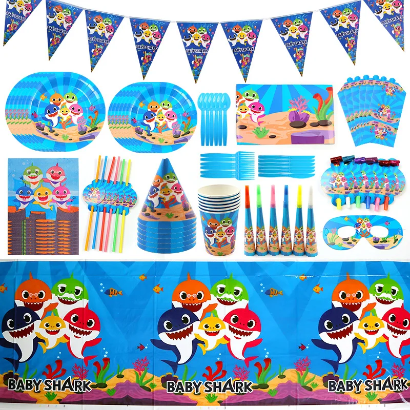 

Children's Birthday Party Supplies Shark Baby Theme Disposable Tableware Paper Cup Plate Banner Pennant Background Decoration