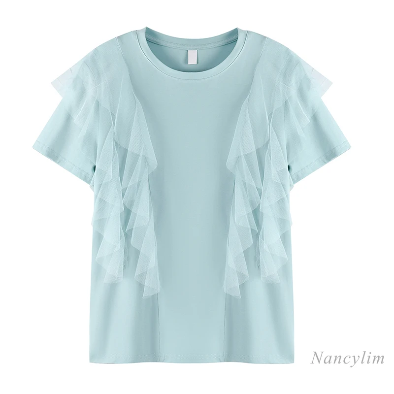 

Mesh Patchwork Ruffled Short Sleeve Cotton T Shirt Woman Round Neck Summer Top Girls Students Casual Blusas Camisetas De Mujer