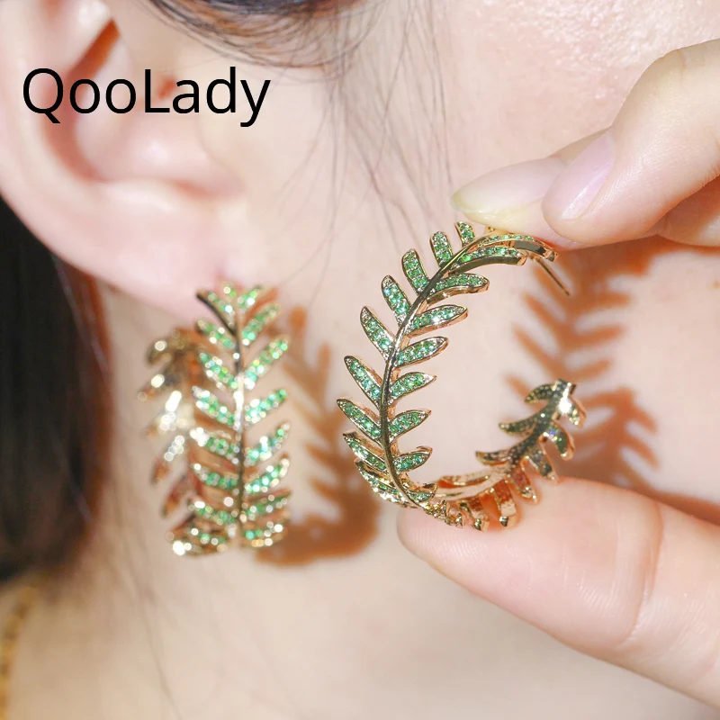 QooLady 2023 винтажные зеленые фианиты в форме листа, широкие искусственные элегантные женские массивные ювелирные изделия для свадебной вечеринки E205