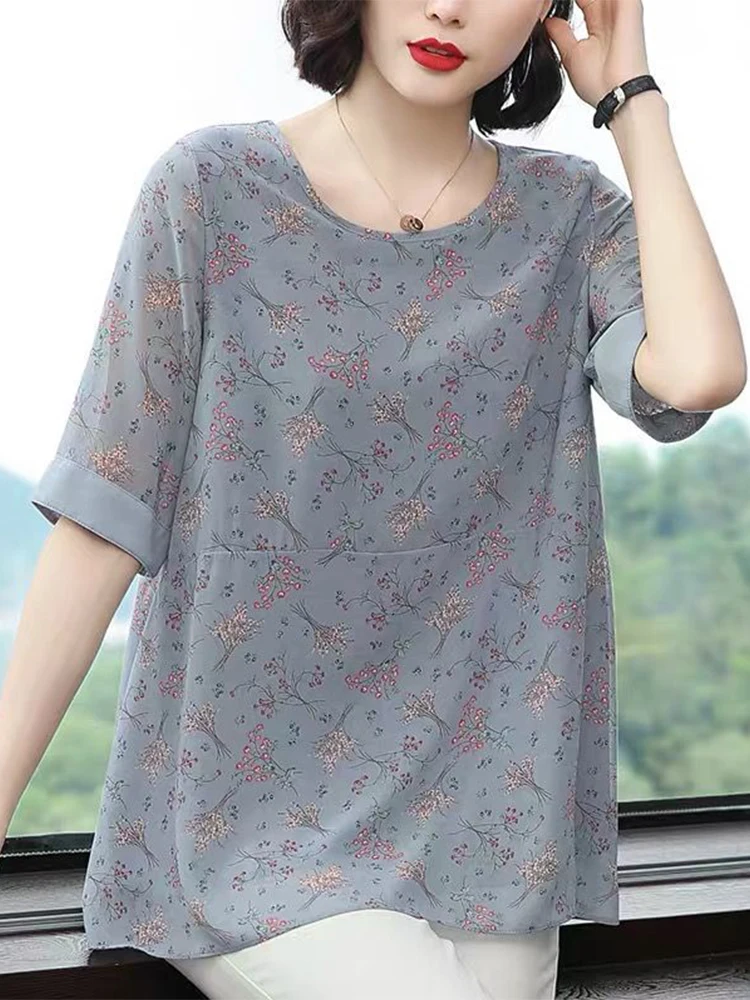 

Women's Spring Autumn Style Chiffon Blouse Shirt Women's Loose O-Neck Printed Half Sleeve Casual Tops SP1107