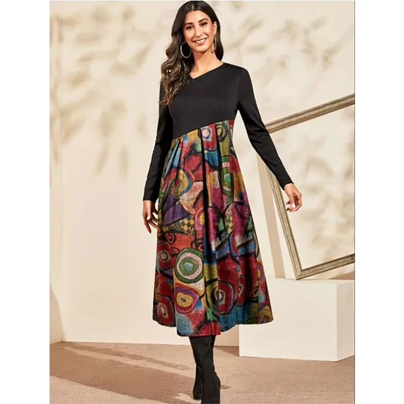 

2020 O-Neck Women Winter Long Sleeve Fashion Dress Female Casual Chic Printing Ladies Work Midi Autumn Dress