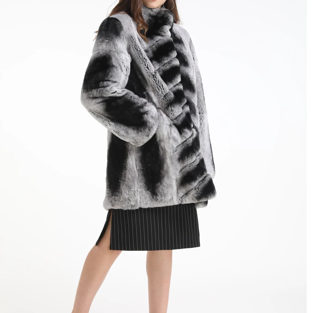 Женский Настоящий мех кролика длинное пальто Шиншилла Цвет Полосатый Плюс