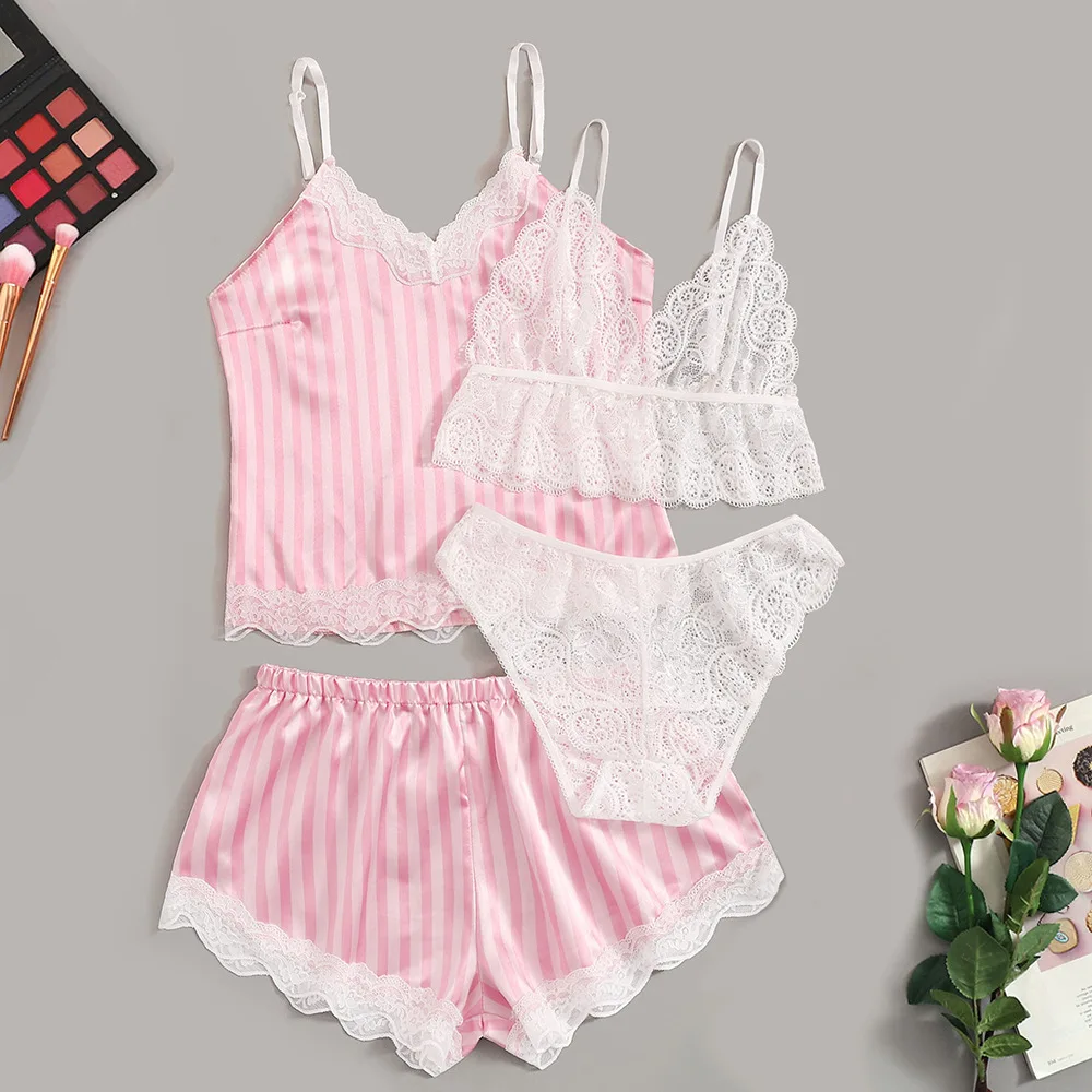 

Lace Satin sleep tops Pure color shorts women pink Pajama suit sexy sleepwear set summer ladies shorts strap nightwear 4 PCS