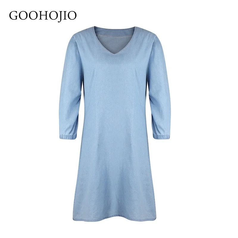 

GOOHOJIO 2021 New Spring Autumn Fashionable Dress Women V-neck Short Sleeve Dress for Ladies Denim Loose Women High Waist Dress