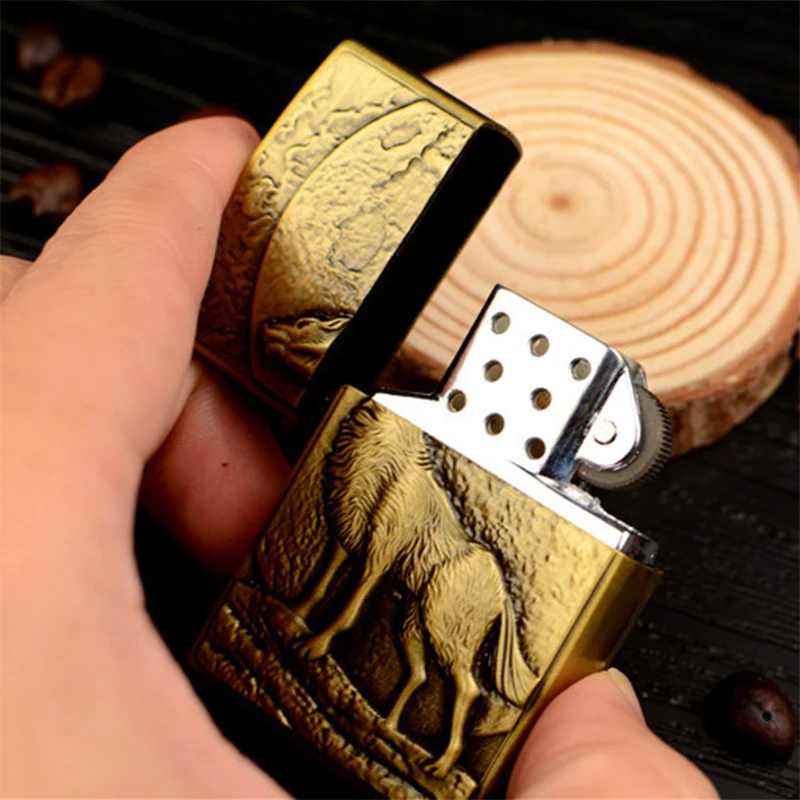 Винтажная рельефная Зажигалка на реактивных колесах Wild Wolf& Moon портативная сигаретная дымовая надувная Классическая Бутановая газовая зажигалка