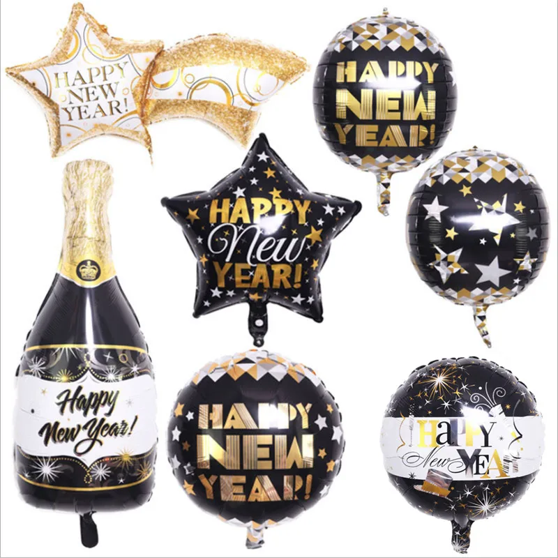 

New Balloon Black Gold Happy New Year Balloon Happy New Year Five-Pointed Star Meteor Bottle 4D Ball Balloon