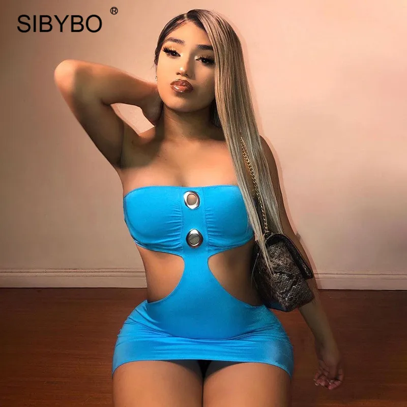 

Sibybo Blue Backless Summer Dress Women Sleeveless Off Shoulder Sexy Y2K Dress Femme Chest Wrapped Short Bodycon Party Dresses