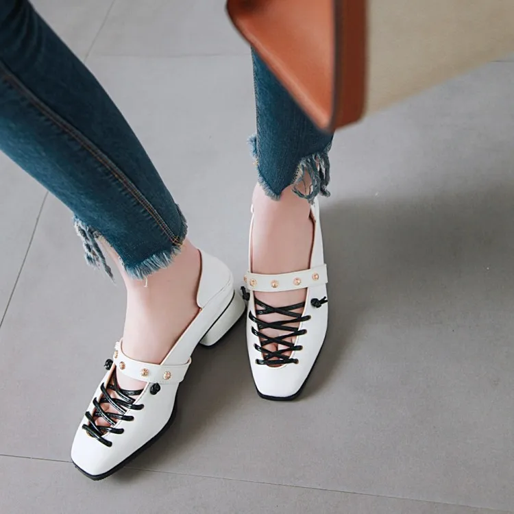 

Big Size ladies high heels women shoes woman pumps Hollow-out square-headed Mary Jane shoes