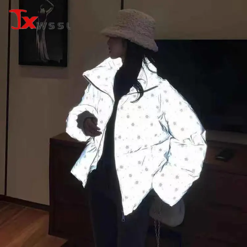 

Lightweight Down Jacket Women Winter Warm Overcoat Fashion Snowflake Reflective Coat Streetwear Loose Glowing Parka