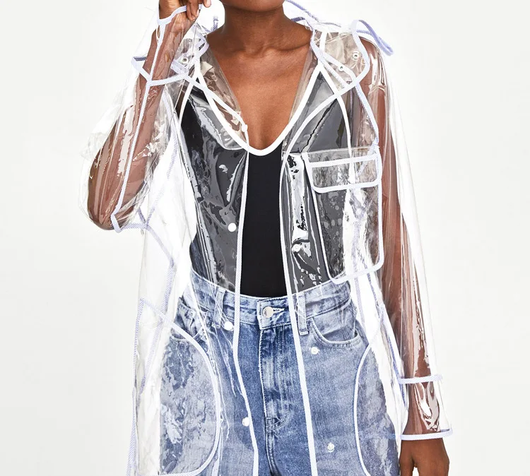 Женский прозрачный дождевик ElfStyle непромокаемый из ПВХ с капюшоном на