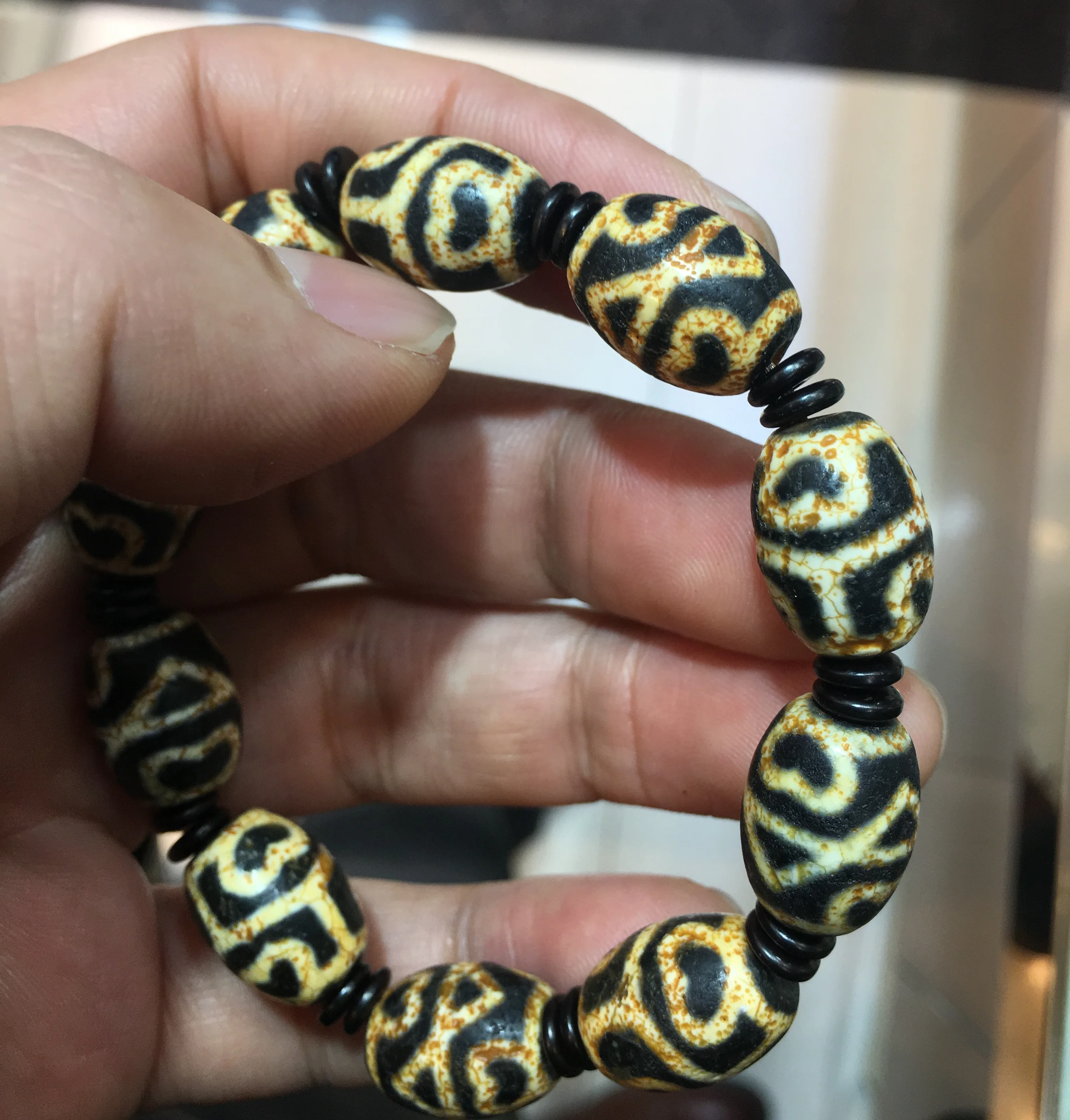 Rare Magic Tibetan Old Agate DRAGON VEIN MULTI SYMBOL Totem dZi Bead Bracelet Bangle | Beads