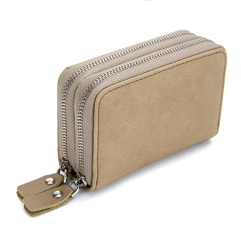 

New Double Zipper RFID Blocking Card Holder Vintage Genuine Leather Key Wallets with 12 Cards Slot Multifunction Coin Purse