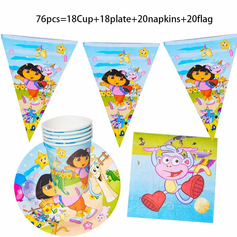 

76pcs Supplies Party Decoration Dora the Explorer Birthday Party Disposable Party Tableware Napkin Plate banner balloon